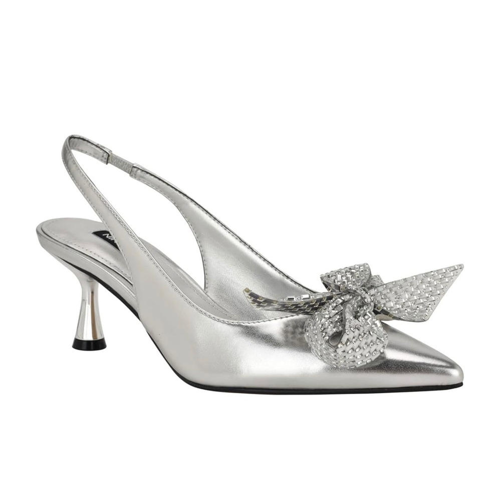 Nine West Women's Rills Silver Slingback Kitten Heel Rhinestone Bow Size 6.5M